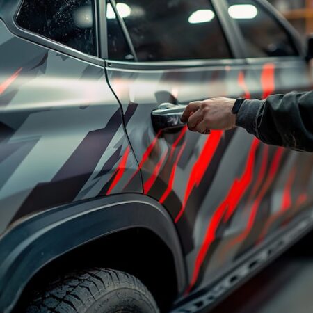 Person applying vehicle branding vinyl wrap on Acura car in Dubai
